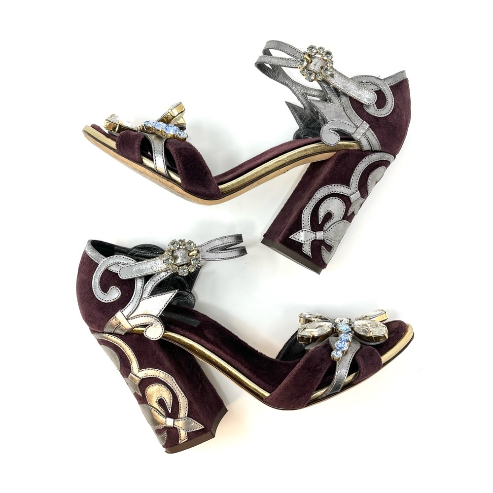 Dolce & And Gabbana Velvet Baroque Crystal Dragonfly Heels Shoes Sandals 37 7 - Picture 5 of 12